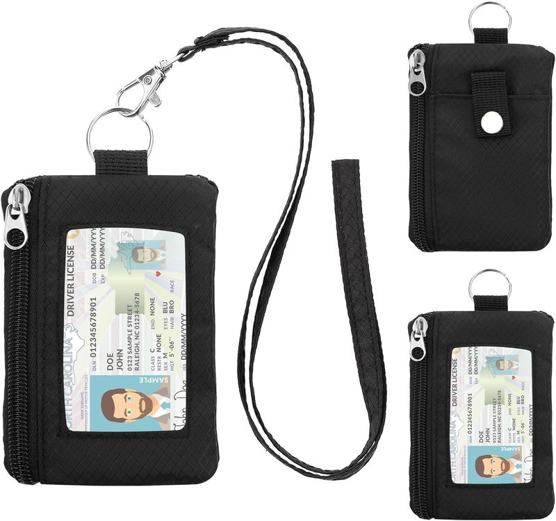 ZHOMA Minimalist RFID Wallet with Lanyard, Multi-Functional ID Case with 2 Zipper Pockets and Key Chain for Men and Women, Tactical Badge Pouch Cards Holder, Coin Purse for Travel Sports-Black - Image 1